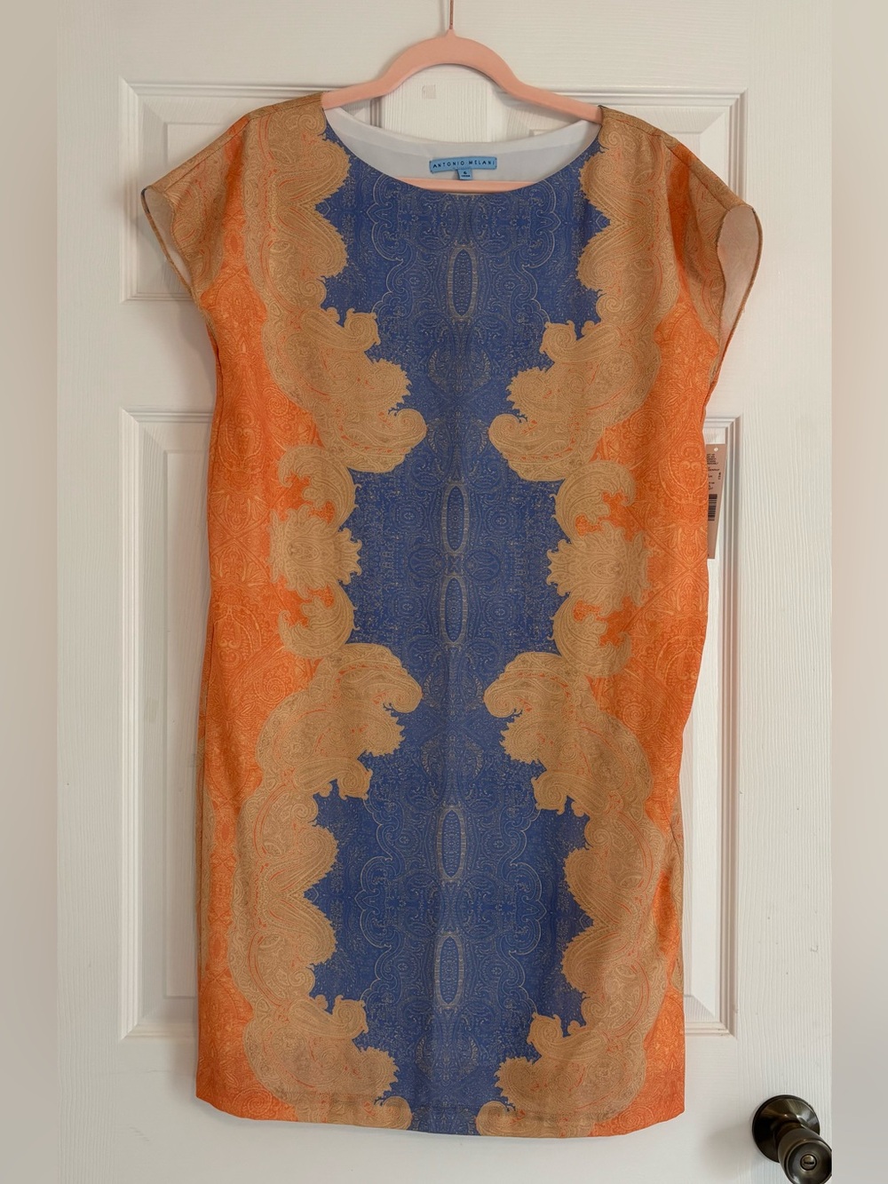 ANTONIO MELANI Orange, Blue & Gold Paisley Sheath Dress Size 6